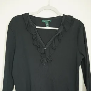 Lauren Ralph Lauren Size Large Black Ruffle V-Neck Ribbed Knit Top 3/4 Sleeve thumbnail 3
