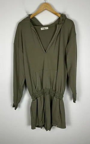 Natural Life Charlie V-Neck Hooded Cotton Green Pocket Romper Sz M thumbnail 1