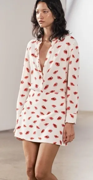 ZARA ZW Collection White Pink Lips Print Buttondown Top Blouse Lipstick X-Large thumbnail 1