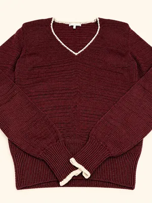 Reiss Brown V-Neck Sweater with White Trim Sz S thumbnail 2