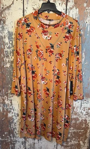 As You Wish NET plus 0X midi dress, mustard floral, great for fall! thumbnail 1