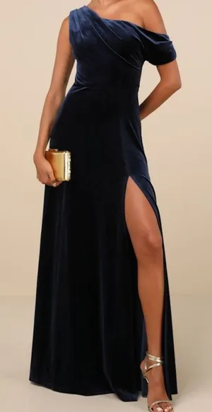 NEW Lulus Coveted Confidence Navy Blue Velvet Asymmetrical Maxi Dress Small thumbnail 1