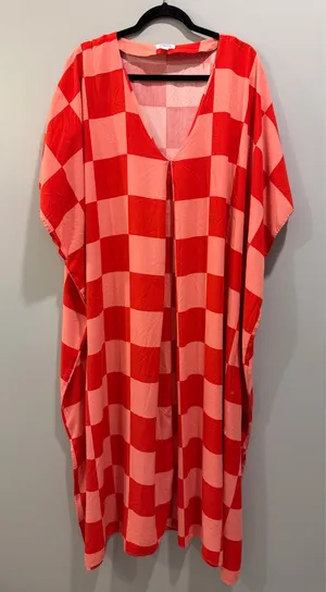 The Drop Katie Sturino Checkerboard Print V-Neck Kaftan Maxi Dress Pink and Red thumbnail 2