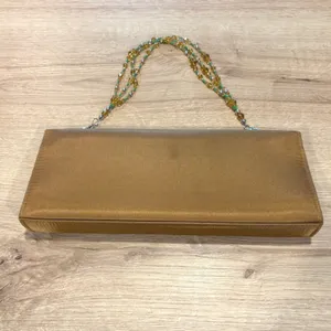 Bronze Satin Evening Clutch‎ Bag Green Rhinestone Brooch Beaded Handle Crossbody thumbnail 3