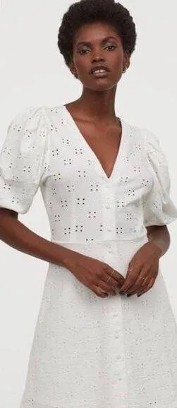 H&M white eyelet puff sleeve dress size small fits like medium thumbnail 1