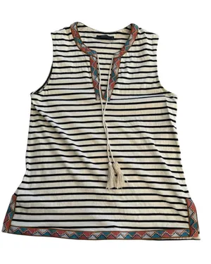 THML size medium Striped Sleeveless Embroidered Trim tank top black white thumbnail 1