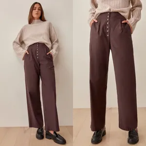 Reformation Brown Rox Button Front Wide Leg Trouser Pants Womens Size 12‎ thumbnail 2