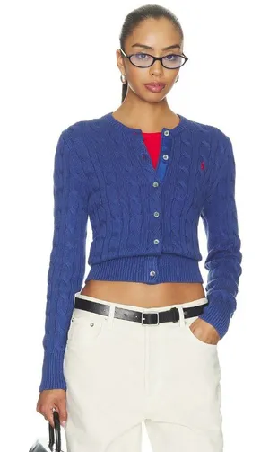 Polo Ralph Lauren Cable Knit Long Sleeve Cardigan in Charter Blue XSmall Womens thumbnail 1
