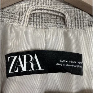 Zara Blazer Women's M Plaid Gray Faux Suede Ruched Sleeve Long Line Open‎ Front thumbnail 6