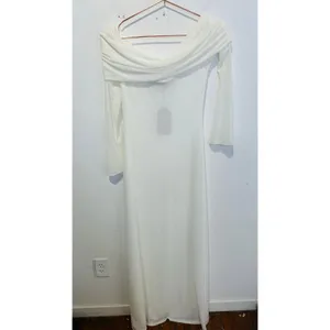 MESHKI Ivory White Josie Off Shoulder Mesh Fold Over Neckline Maxi Dress sz L thumbnail 3