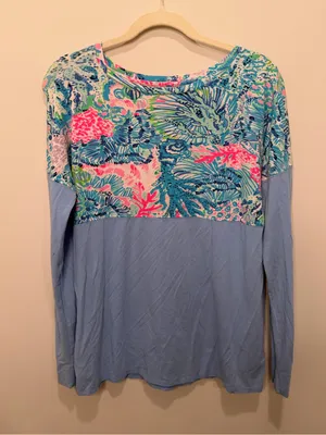 Lilly Pulitzer Blue Pink Tropical Print Colorblock‎ Long Sleeve Top Size Small thumbnail 1