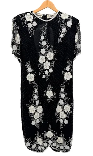 J.K. Laing Vintage Silk Beaded Floral Shift Dress Black White XL Keyhole‎ Back thumbnail 1