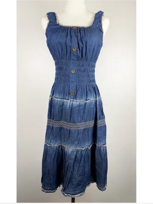 Lapis Blue Tiered Denim-Style Maxi Prairie Milkmaid Vintage Dress Large thumbnail 2