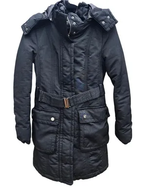 Zara Basic Black‎ Snap Button Pockets Full Zip Belted Lined Hooded Jacket Size M thumbnail 1