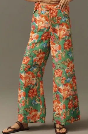 Farm Rio X Anthropologie Tie-Front Tropicart Floral Wide-Leg Pants Size S thumbnail 1
