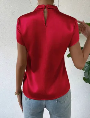SheIn VCAY Red Twist Front Keyhole Back Satin Blouse thumbnail 2