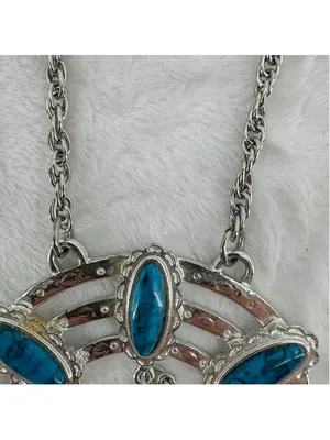 Vintage Silver Tone Turquoise Necklace Crescent Moon Dangle Charm Southwestern thumbnail 3