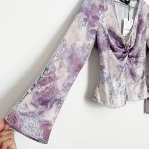 Zara Marble Print Blouse Small Flare Sleeve Twist V Neck Night Out Office Siren‎ thumbnail 3