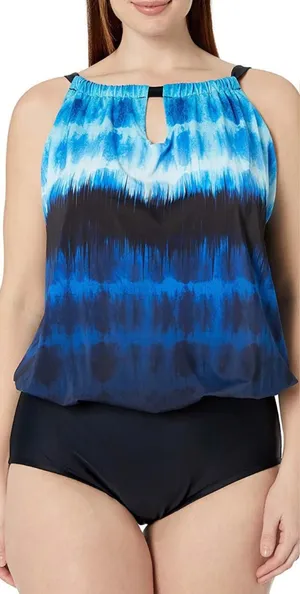 Maxine of Hollywood Blue Gradient High Neck One Piece Swimsuit Plus Size 20W thumbnail 1