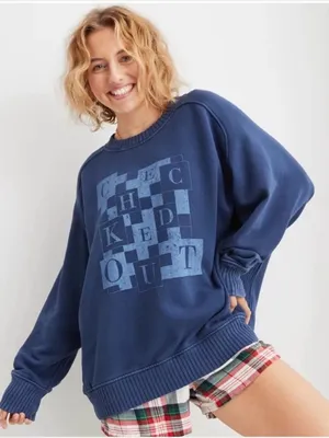 AERIE Checked Out Oversized Crew Neck Pullover Sweatshirt Size XS thumbnail 1