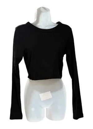 PINK Victoria's Secret Crop Top Women Large Black Excellent Ribbed‎ Long Sleeve thumbnail 1