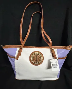 Women’s White & Lavender Tote Bag with Brown Trim & Gold Accent NWT thumbnail 1