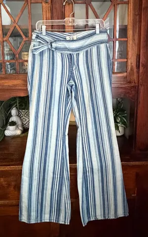 We The Free Free People Striped Blue White Wide Leg Belted Jeans 28 OB934536 thumbnail 1