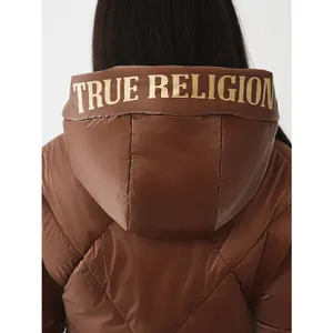NWT!! TRUE RELIGION High-Shine Metallic Hooded Puffer Jacket Bronze Large thumbnail 10