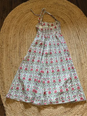 HILL HOUSE The Fleur Midi Dress Green Floral Block Stripe Size Small thumbnail 5
