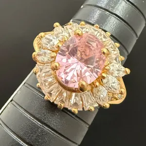 Vintage 925 Gold Over Sterling Pink Oval CZ Flower Cocktail Ring Size 8.5 7g. thumbnail 12