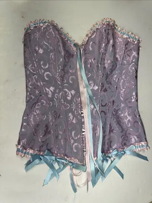 Lavender Floral Brocade Corset Pastel pink blue Ribbon Trim M costume party sexy thumbnail 1