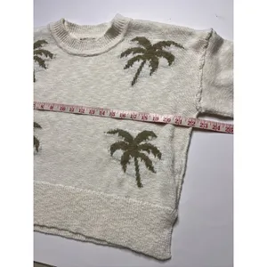 hem & thread Palm Tree Knit Sweater Medium Cotton Cream Olive Green Crew Neck thumbnail 7