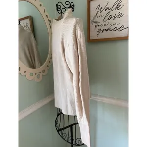 Magaschoni‎ Cashmere Wool Blend Mock Neck Ribbed Cable Knit Sweater Cream Large thumbnail 2