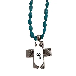 Necklace Matching Earrings Turquoise Beads Silver Cross Jewelry Set Boho Western thumbnail 6