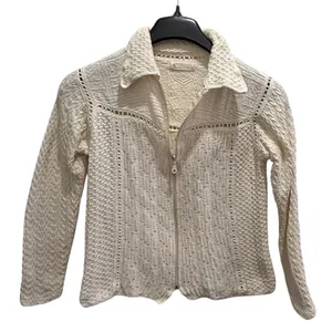 Peruvian Hand Crochet Cotton Zip Up Cardigan Sweater Cream Cottagecore Size M‎ thumbnail 1