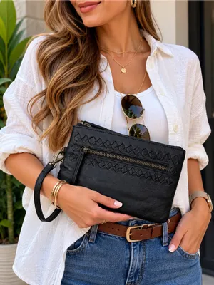 Day & Mood Sting Clutch Wristlet Black Leather Woven Zip Pouch Bag thumbnail 1