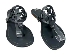 Tory Burch Miller Sandal Gray Leather Thong Flat Logo Size 7.5 thumbnail 1