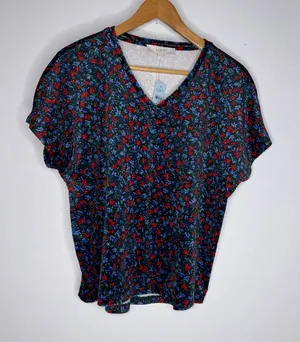 Loft Velvet Blouse Shirt‎ Top V Neck Short Sleeve Romantic Floral Velour CP0166 thumbnail 1