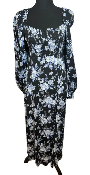 Free People Jaymes Black Blue Floral Smocked Maxi Dress Long Puff Sleeve XS thumbnail 1
