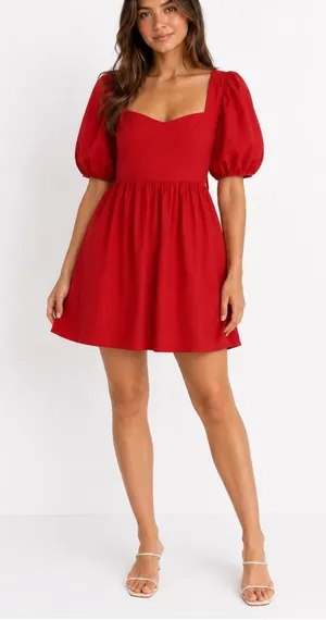 WAYF Red Open Back Bow Puff Sleeve Mini Dress Size‎ Large NWT thumbnail 1