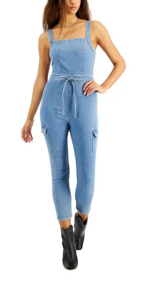 Tinseltown belted Denim Jumpsuit light wash, Size Medium NWT thumbnail 1