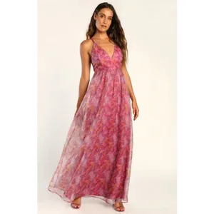 💕LULUS💕 Bloom Wildly Magenta Floral Organza Maxi Dress ~ Floral Print M NWT thumbnail 4