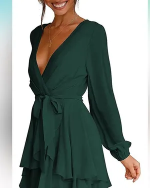 NEW Dress Deep V-Neck Long Sleeve Waist Tie Ruffle Mini Swing Green Medium thumbnail 3