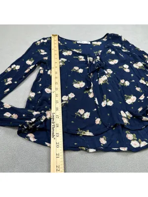 Hollister Women Navy Floral Lace-Up Long Sleeve Babydoll Blouse XS Boho thumbnail 4