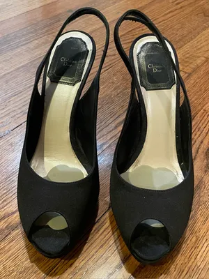 Christian Dior Black Satin Peep Toe Slingback Platform Heels Women Size 37 thumbnail 3