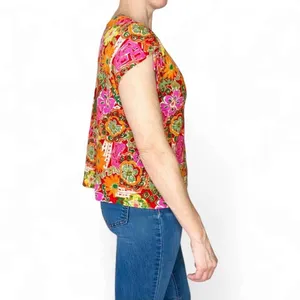 Nicole Miller Colorful Floral Abstract Linen Casual T-Shirt thumbnail 5