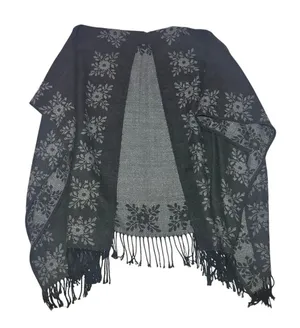 Fuzzy Oversized Layering Ruana Wrap Black Gray Floral Boho Fringe Cape Shawl OS thumbnail 1