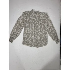 Ann Taylor Factory Womens M Tan Floral Ruffle High Neck Long Sleeve Blouse Top thumbnail 2