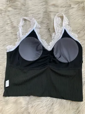 Black with White Lace Crop Top Large thumbnail 4