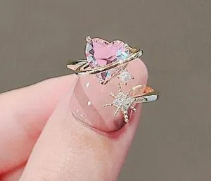 18K Gold Plated Adjustable Pink Crystal Love Heart Ring for Women thumbnail 4